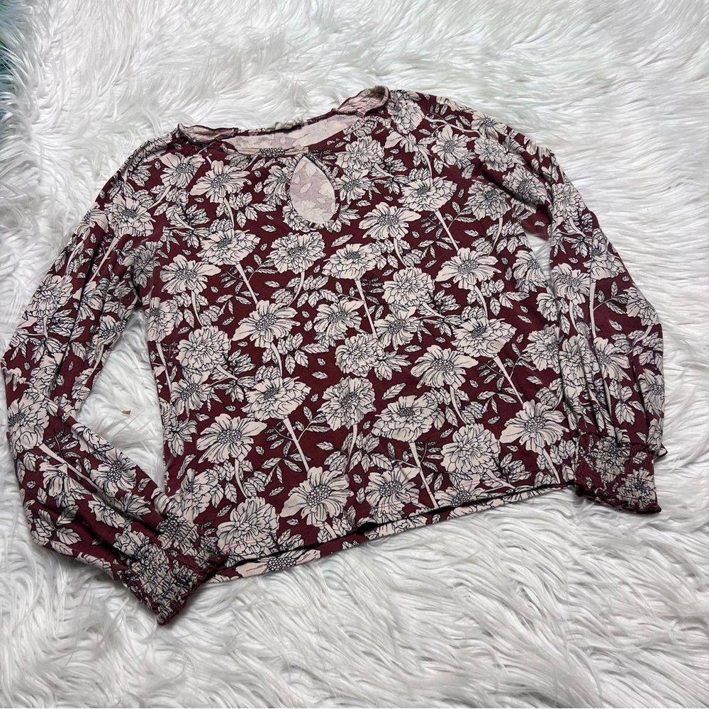 Synergy Organic Clothing Floral Long Sleeve Top - Burgundy and Cream